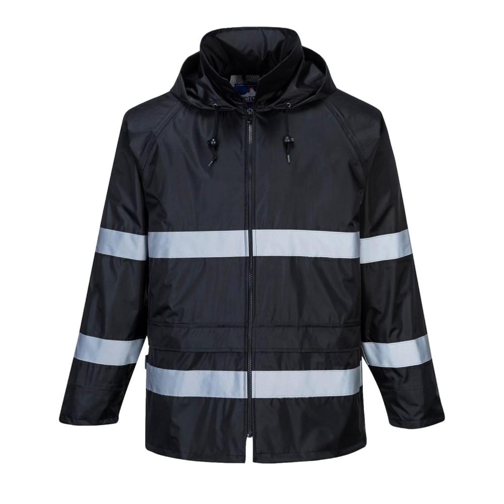 imagePortwest F440 Mens Hi Vis Waterproof Hooded Rain Jacket Classic Iona Reflective Rain Coat Black SmallBlack