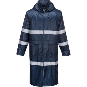 Portwest F438 Men’s Waterproof Raincoat – Reflective Long Rain Jacket with Hood and Pockets Navy
