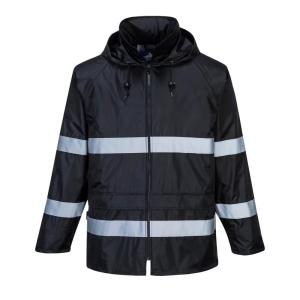 Portwest F440 Men’s Hi Vis Waterproof Hooded Rain Jacket – Classic Iona Reflective Rain Coat Black, Small(Black)
