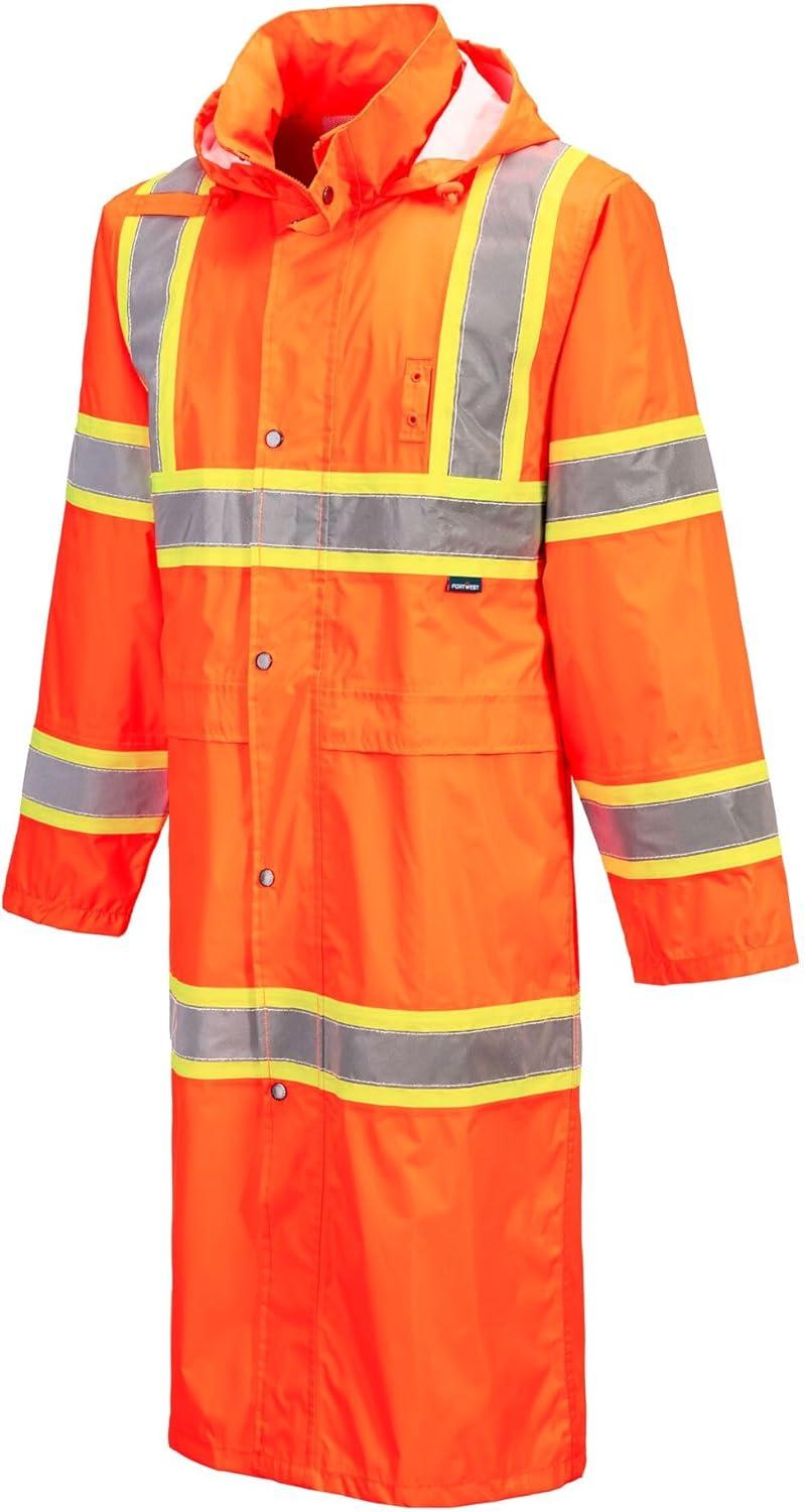 image:imagePortwest UH405 Hi Vis Rain Coat Waterproof Long Length Pack Away Hood Reflective Tape Protective WorkwearOrange