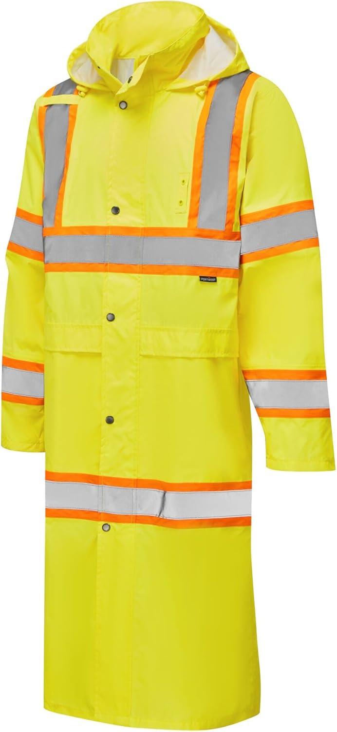 image:imagePortwest UH405 Hi Vis Rain Coat Waterproof Long Length Pack Away Hood Reflective Tape Protective WorkwearYellow